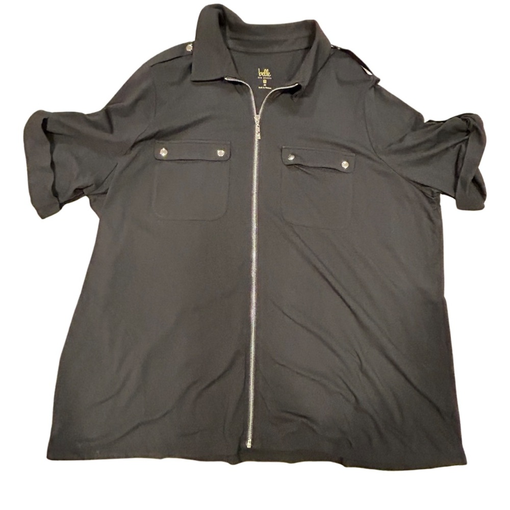 Belle‎ by Kim Gravel Women's Plus Sz 2X Knit Front Full Zip Black Utility Shirt